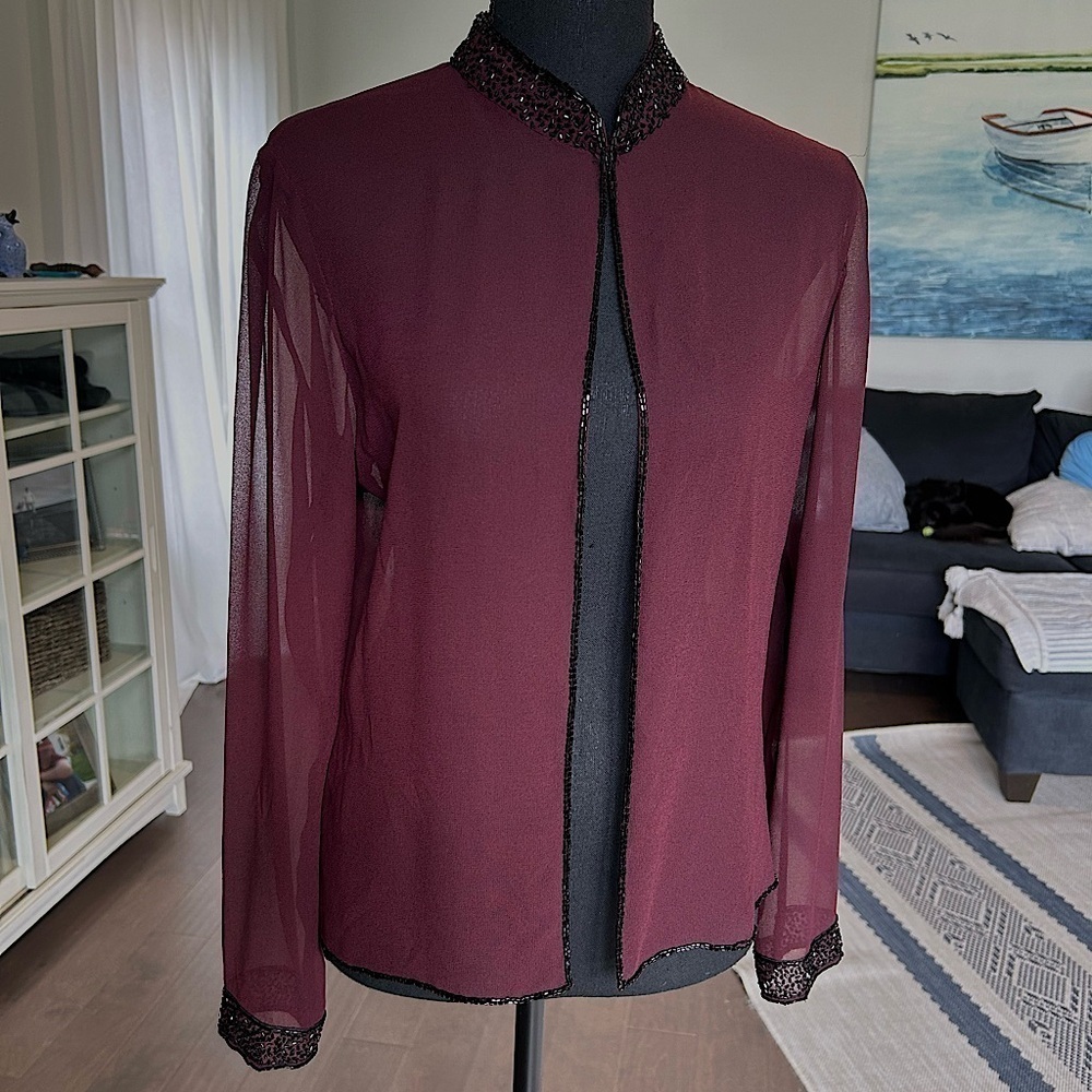 Jkara Wine Maroon Sheer Formal Black Bead Trim Long Sleeve Jacket SZ S Evening